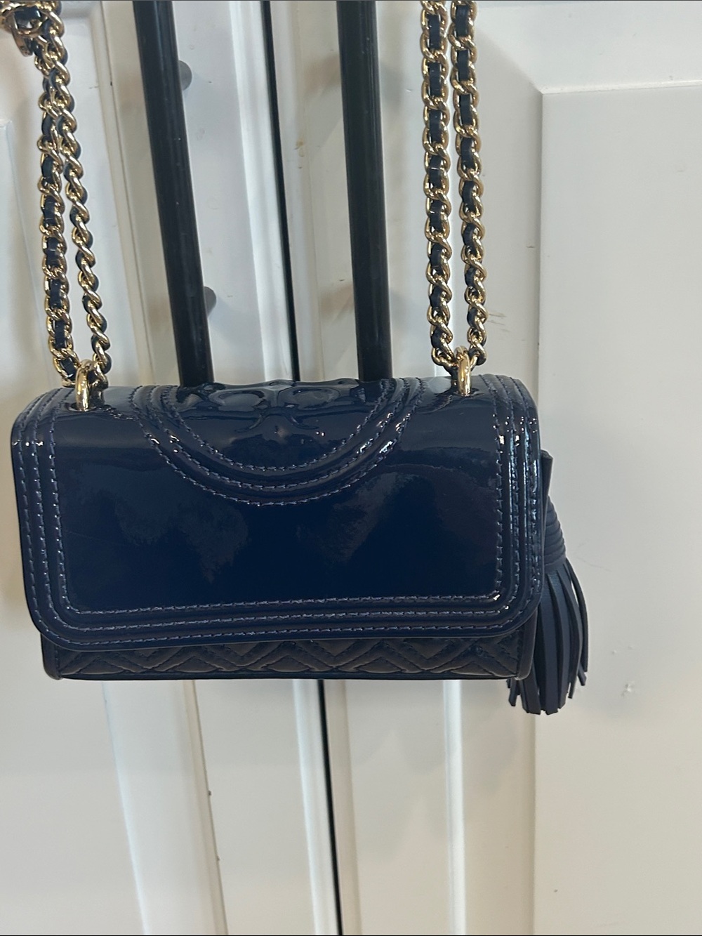 Tory Burch Mini Navy Patent Leather Quilted Crossbody with Gold Chain